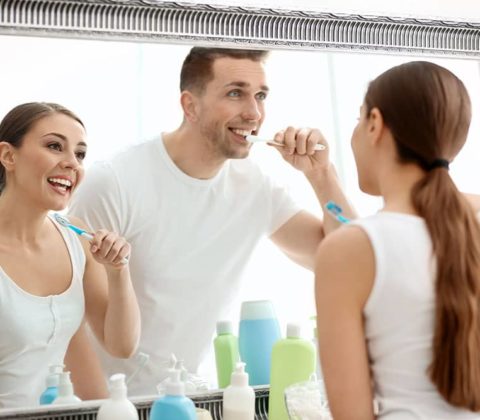 brushing tetth in bathroom