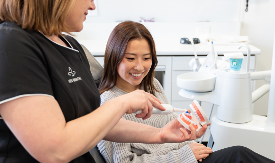 dentist showing correct way to brush teeth