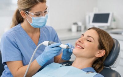 dentist doing guided biofilm therapy to clean teeth