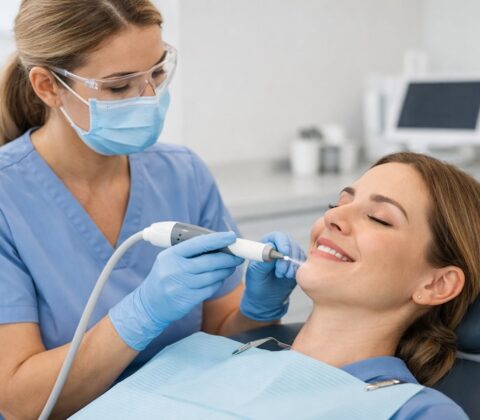 dentist doing guided biofilm therapy to clean teeth