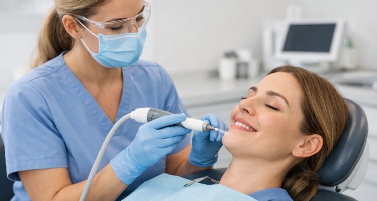dentist doing guided biofilm therapy to clean teeth