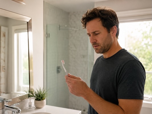 man with blood on his tooth brush