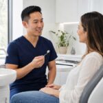 Dentist explaining common dental problems to a patient in a modern dental clinic.