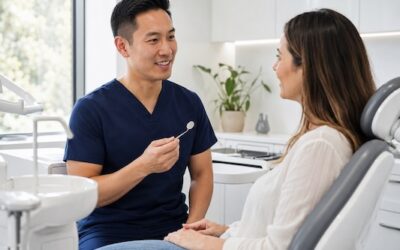 Dentist explaining common dental problems to a patient in a modern dental clinic.