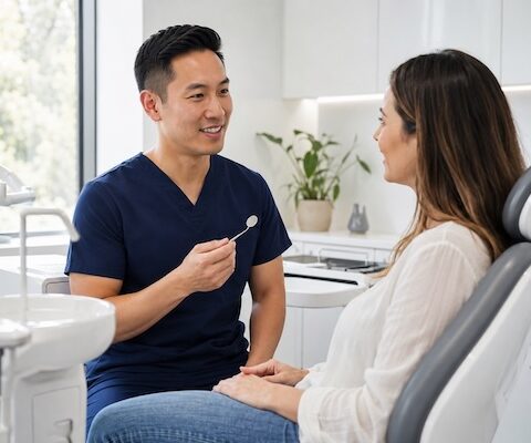 Dentist explaining common dental problems to a patient in a modern dental clinic.