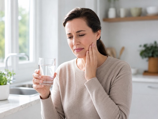 Person experiencing tooth sensitivity after drinking cold water.